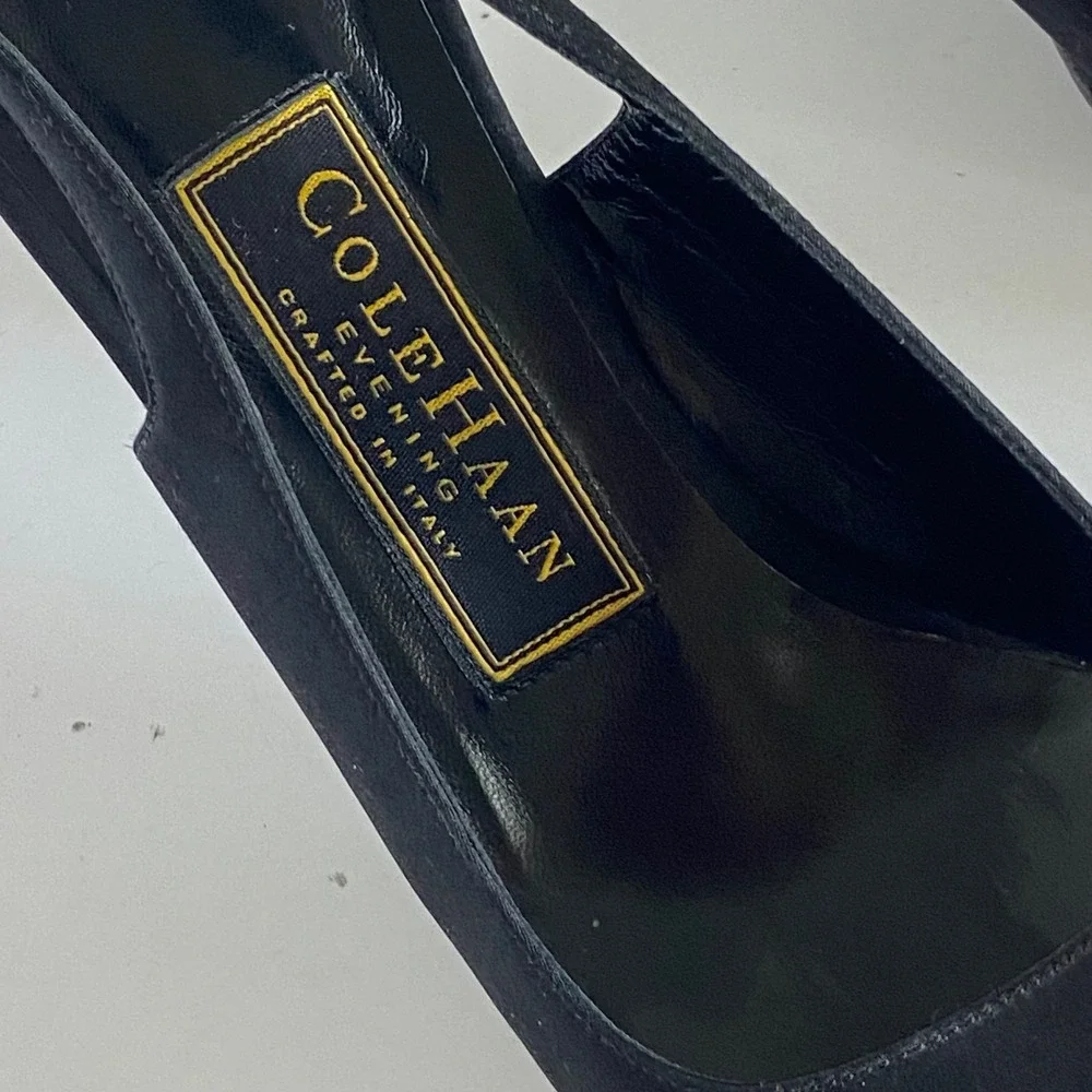 Cole Haan Evening Black Satin Slingback Pumps Pointed Toe Stiletto Heels 7.5 AA